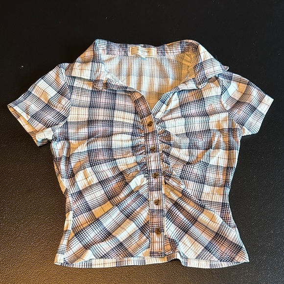No Comment Tops - No Comment Blue and White Plaid Women/junior Button-Down Shirt